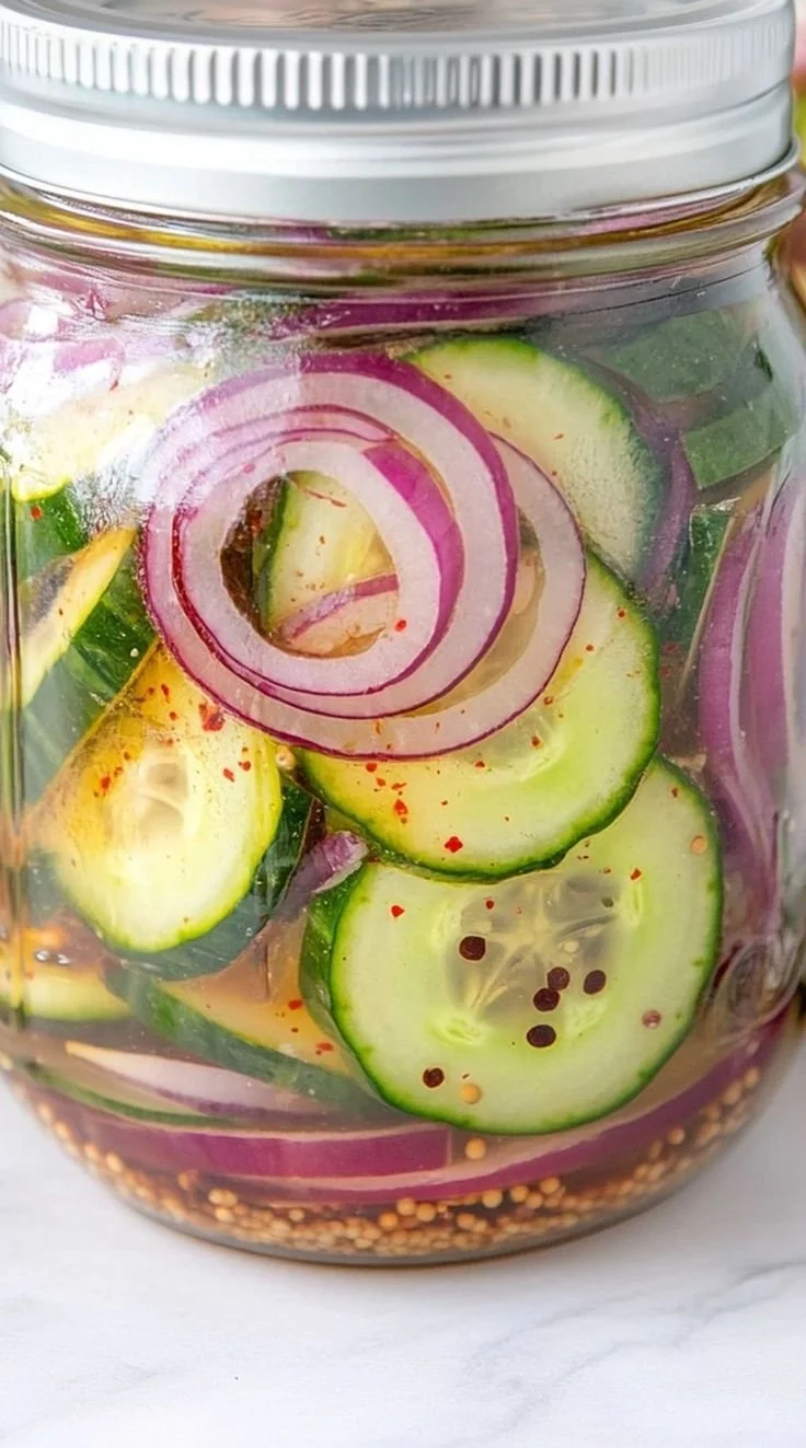 Crispy pickled red onions and cucumbers in a glass jar