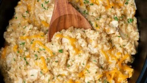 Crock Pot Chicken and Rice served in a bowl with herbs on top