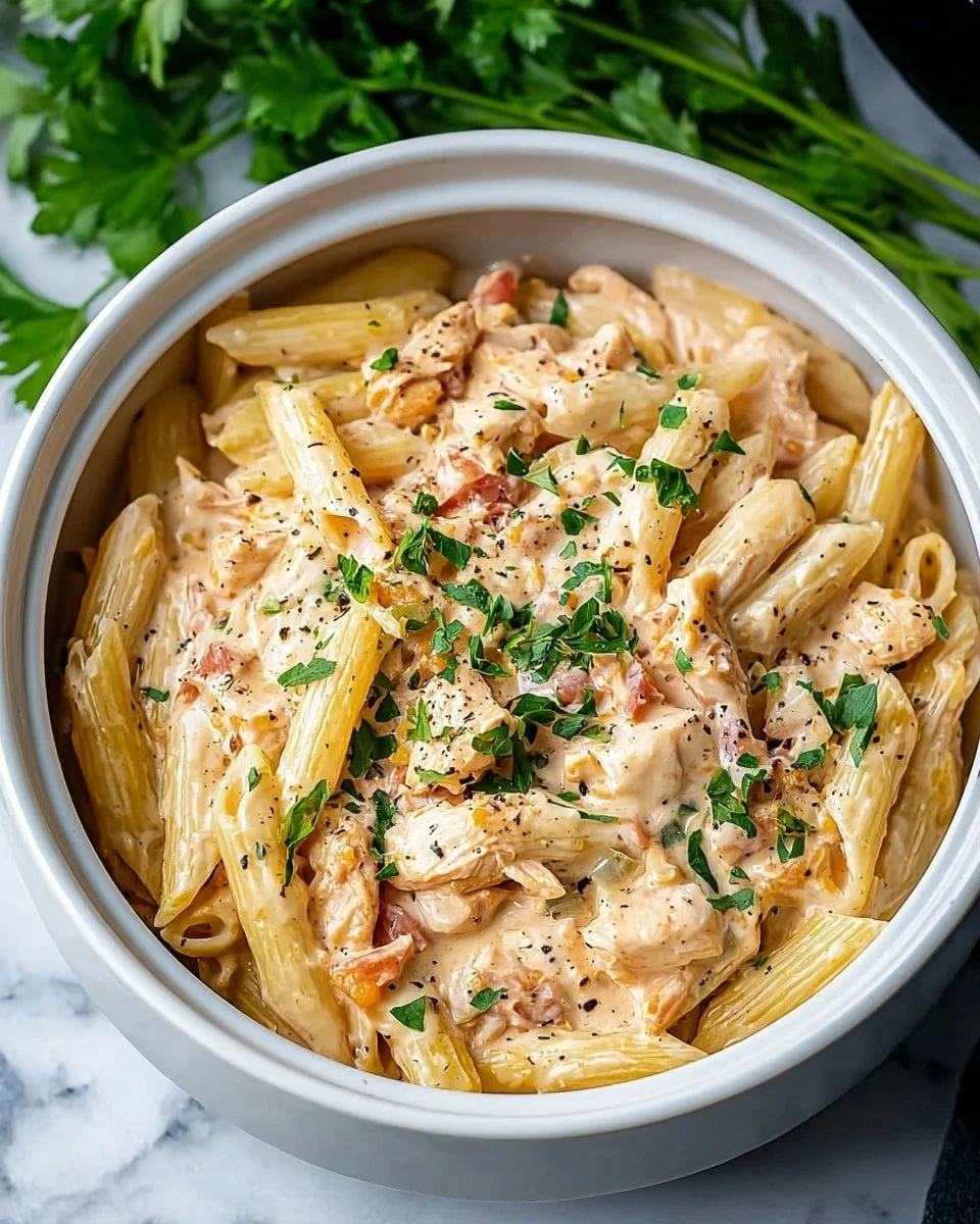 Delicious Crock Pot Creamy Cajun Chicken Pasta served with herbs.