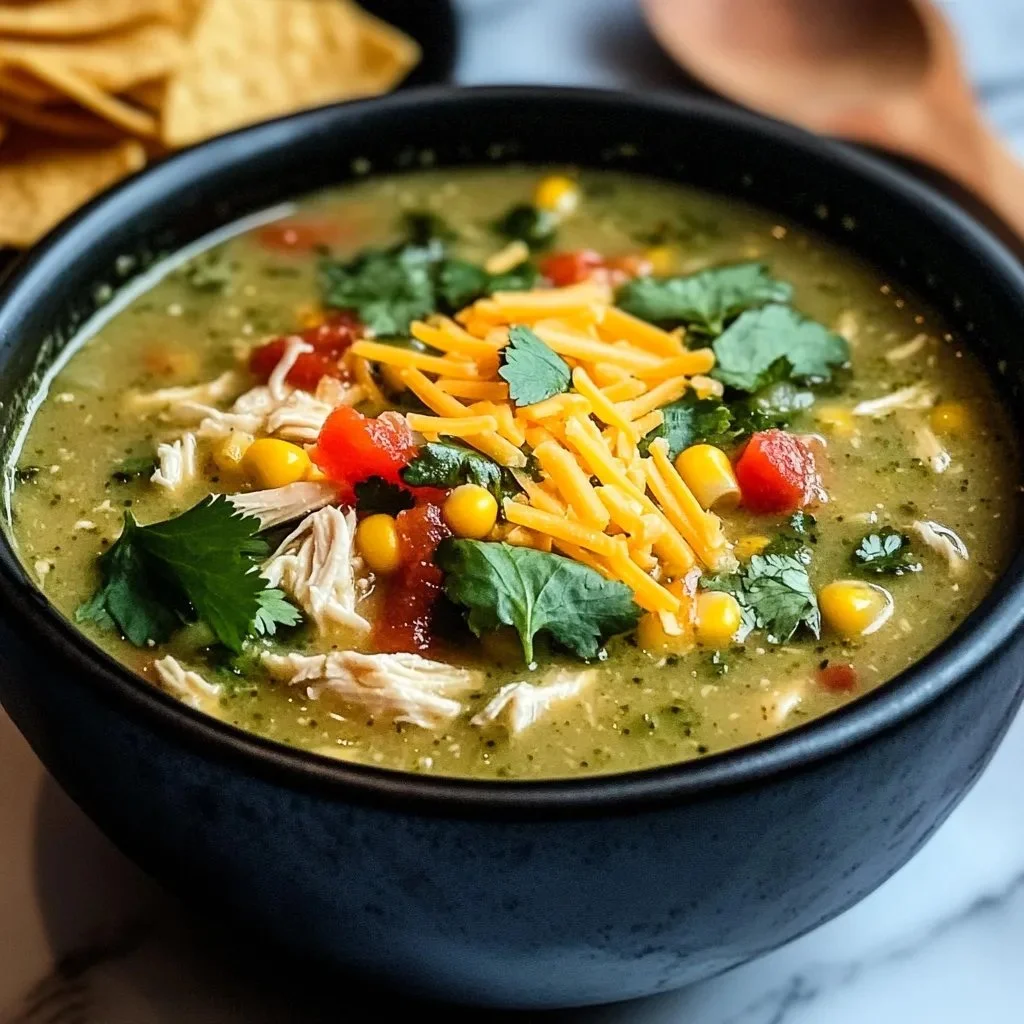 Bowl of delicious Crock Pot green enchilada chicken soup with garnishes