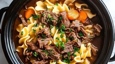 Delicious Crockpot Beef and Noodles served in a warm bowl