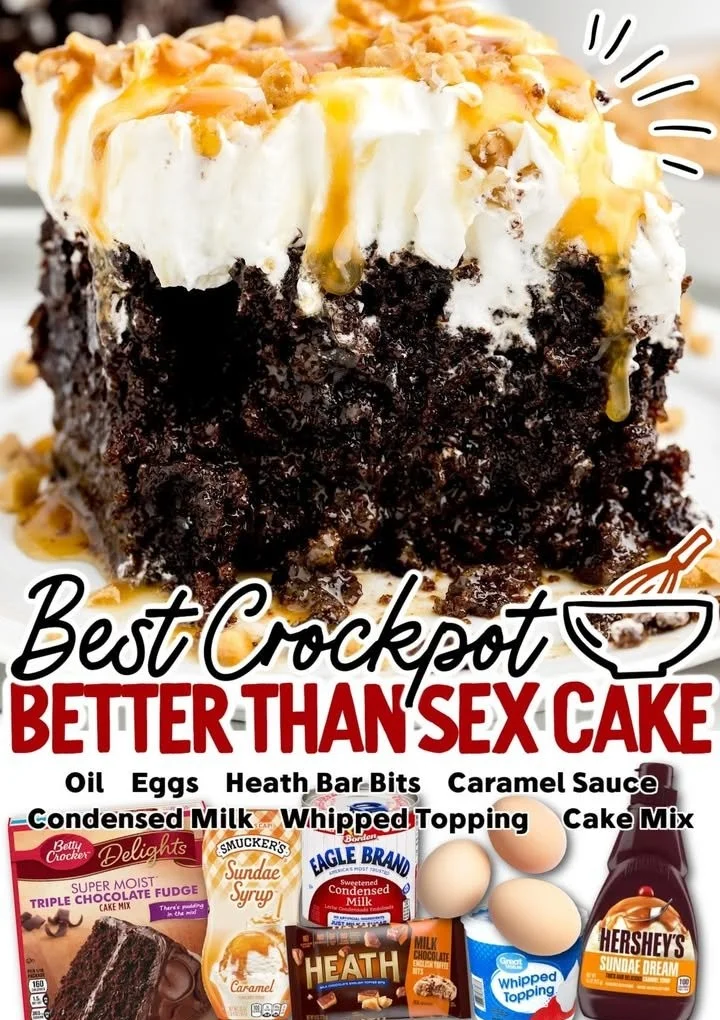 Crockpot Better Than Sex Cake topped with whipped cream and chocolate drizzle