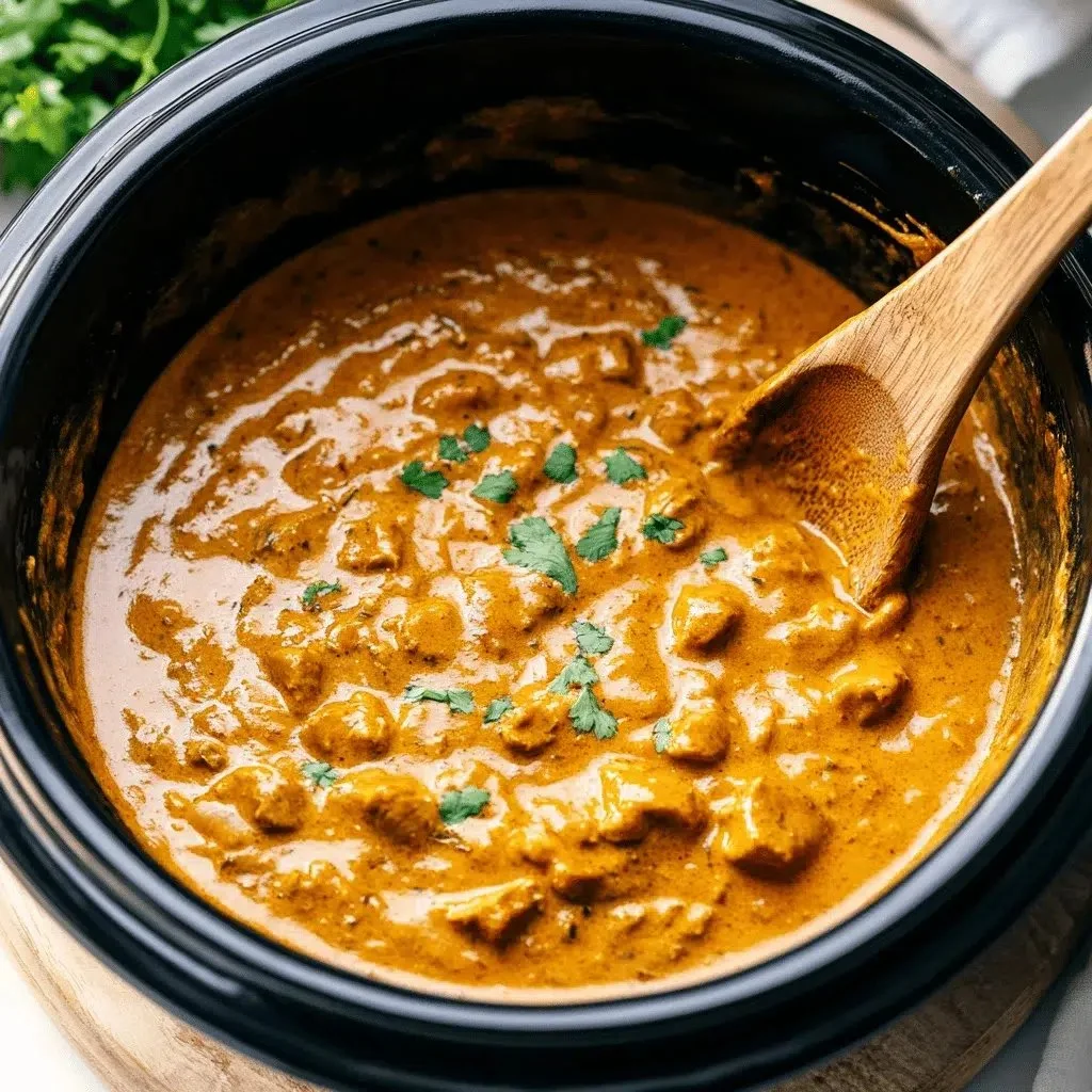 Delicious Crockpot Butter Chicken served with rice and herbs