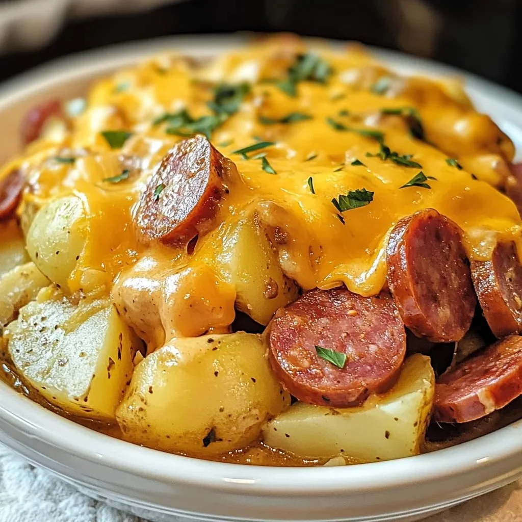 Crockpot Cheesy Potatoes and Kielbasa in a slow cooker, garnished with herbs.