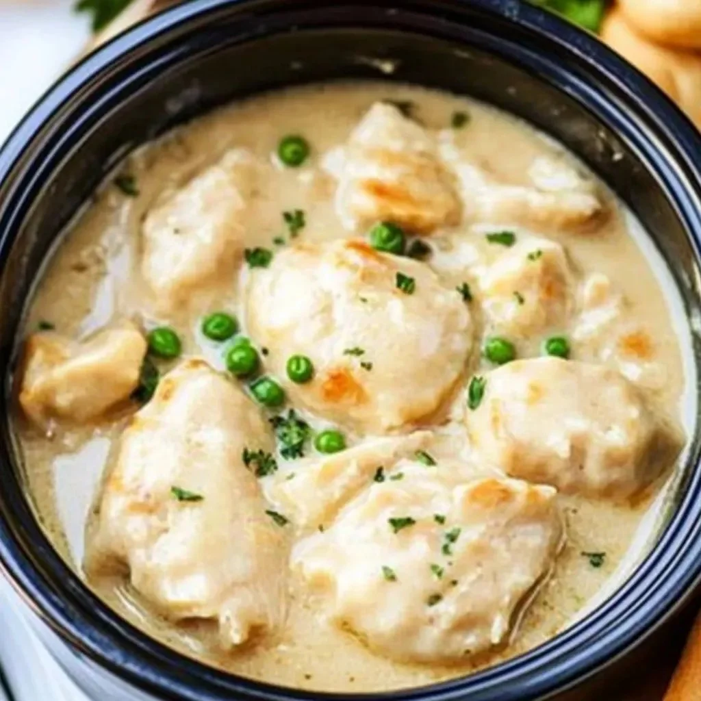 Delicious bowl of Crockpot Chicken and Dumplings ready to serve.