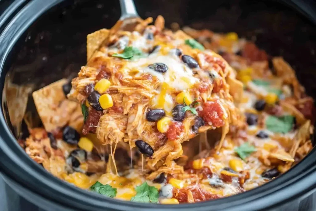 Crockpot Chicken Enchilada Casserole with colorful ingredients in a serving dish