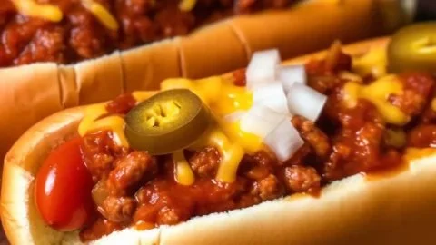 Delicious crockpot hot dog chili served in a bowl with toppings