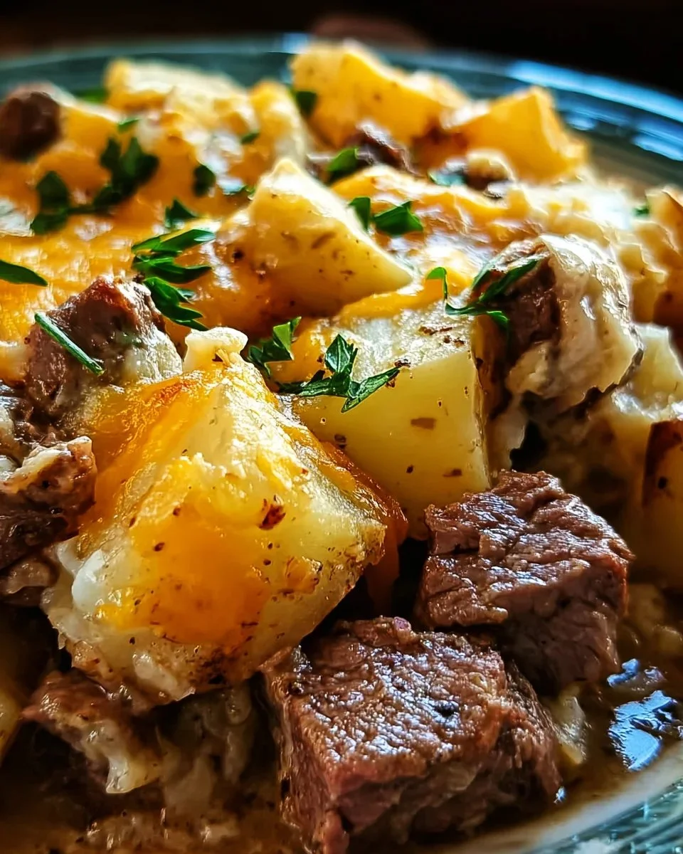 Crockpot Loaded Steak and Potato Bake after cooking in the slow cooker