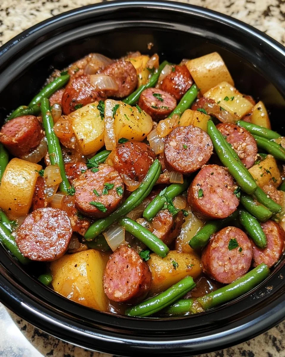 Crockpot Sausage and Green Beans dish served in a bowl