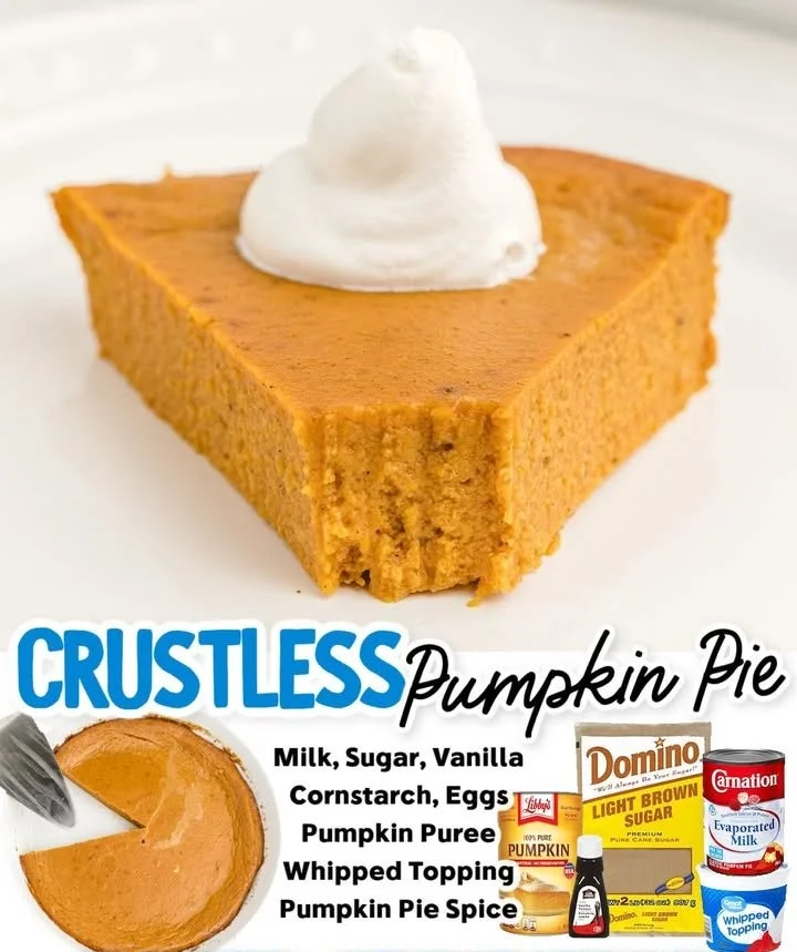 Slice of crustless pumpkin pie garnished with whipped cream and cinnamon