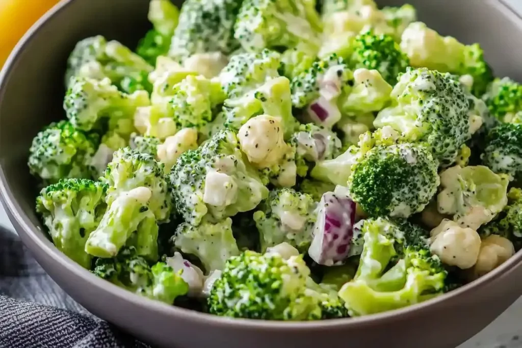 Delicious broccoli salad with fresh vegetables and dressing
