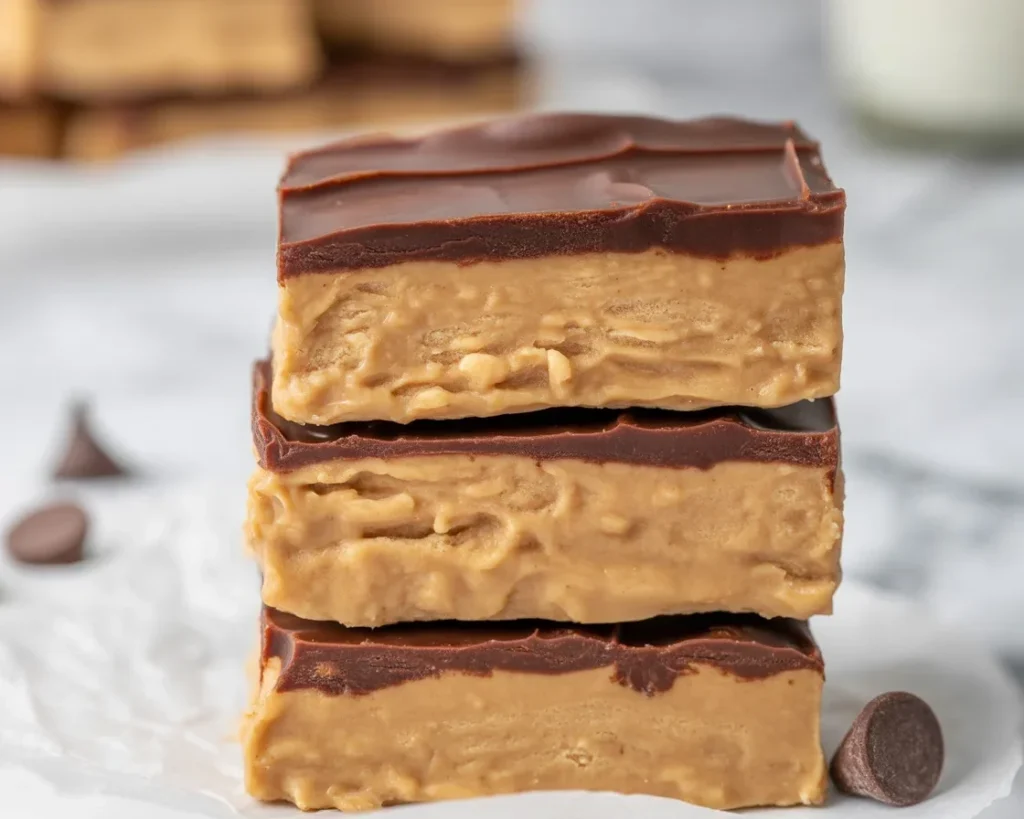Delicious no-bake Buckeye Bars with creamy peanut butter and chocolate layers.