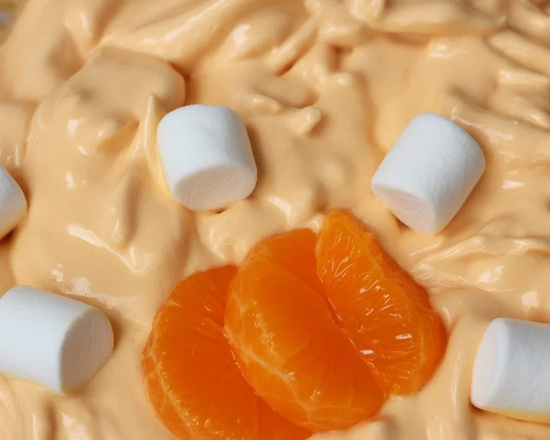 Delicious Orange Creamsicle Salad with Jello, vanilla pudding, and mandarin oranges.
