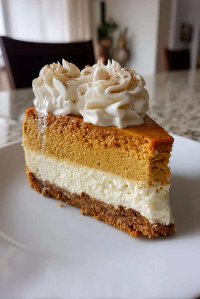 Slice of Keto Pumpkin Cheesecake with whipped cream on top, low-carb dessert