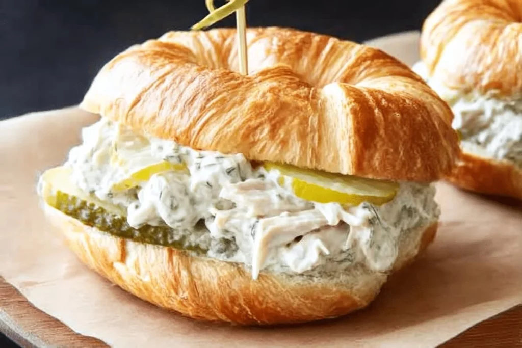 Dill Pickle Chicken Salad sandwich served on a plate with pickles