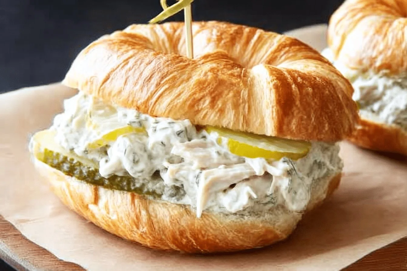 Dill Pickle Chicken Salad sandwich served on a plate with pickles