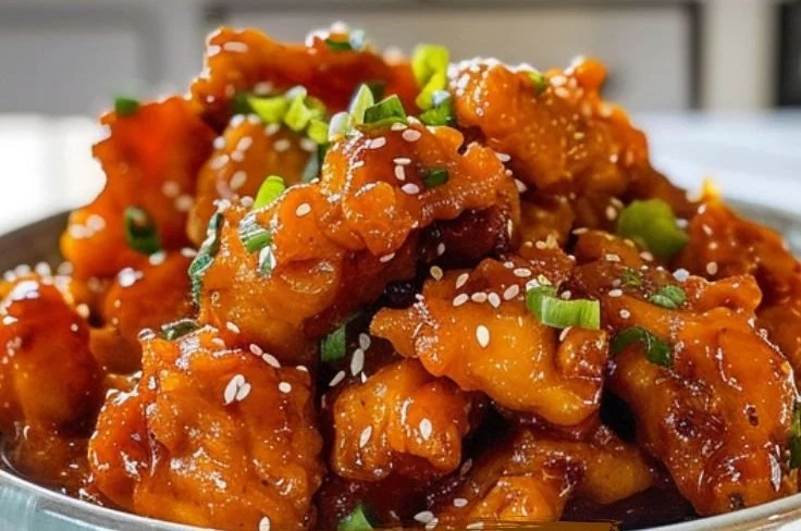 Delicious plate of Dragon Chicken served with vibrant vegetables and spices