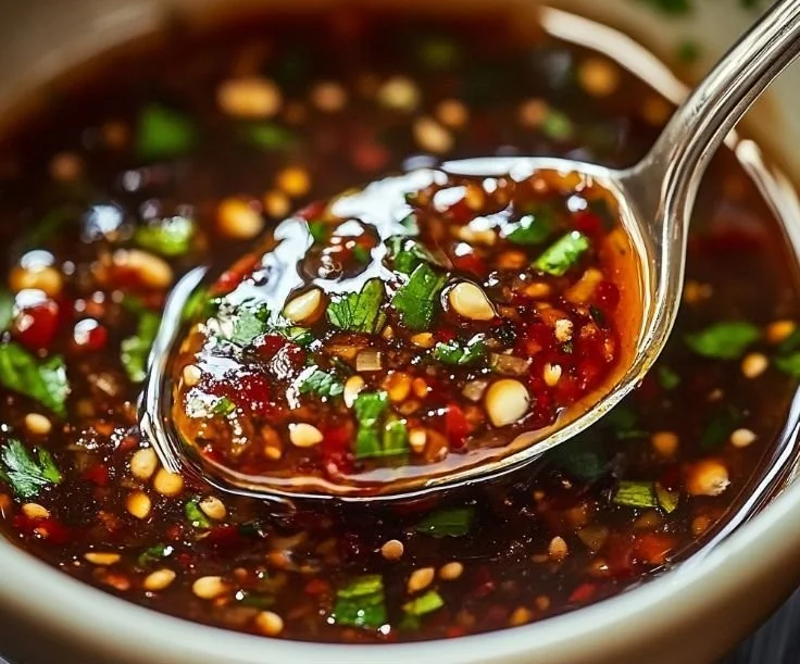 Bowl of spicy Dragon Sauce with fresh herbs and chili peppers.