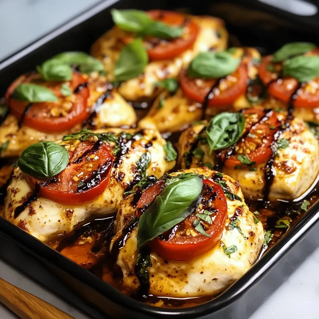 Delicious easy baked caprese chicken topped with fresh tomatoes and mozzarella.