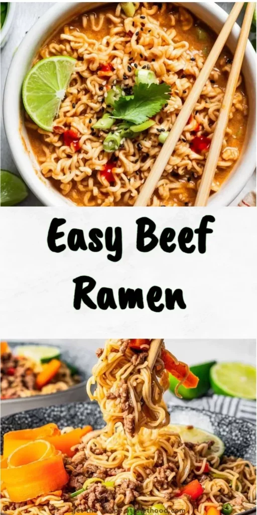 Bowl of easy beef ramen garnished with green onions and soft-boiled egg