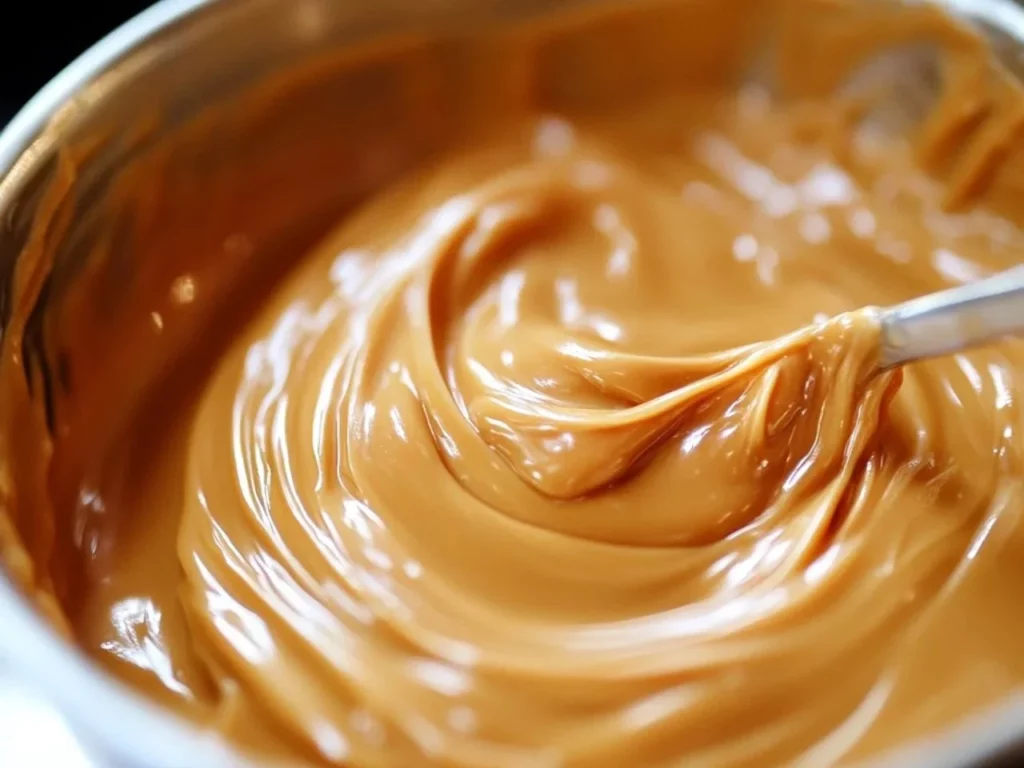 Delicious homemade easy caramel frosting spread on a cake