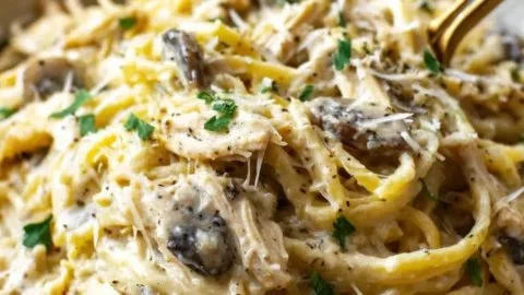 Delicious Easy Cheesy Chicken Tetrazzini served in a bowl