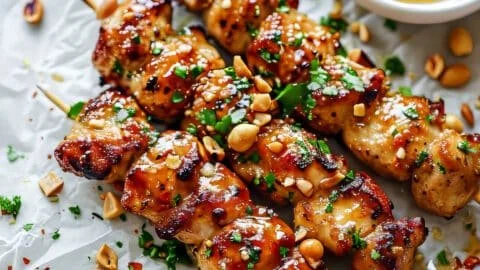 Easy grilled Asian chicken skewers drizzled with honey garlic sauce