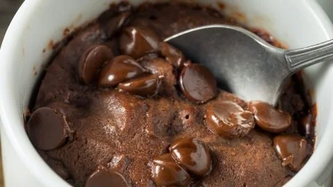 Delicious keto chocolate mug cake in a ceramic mug with chocolate sprinkles