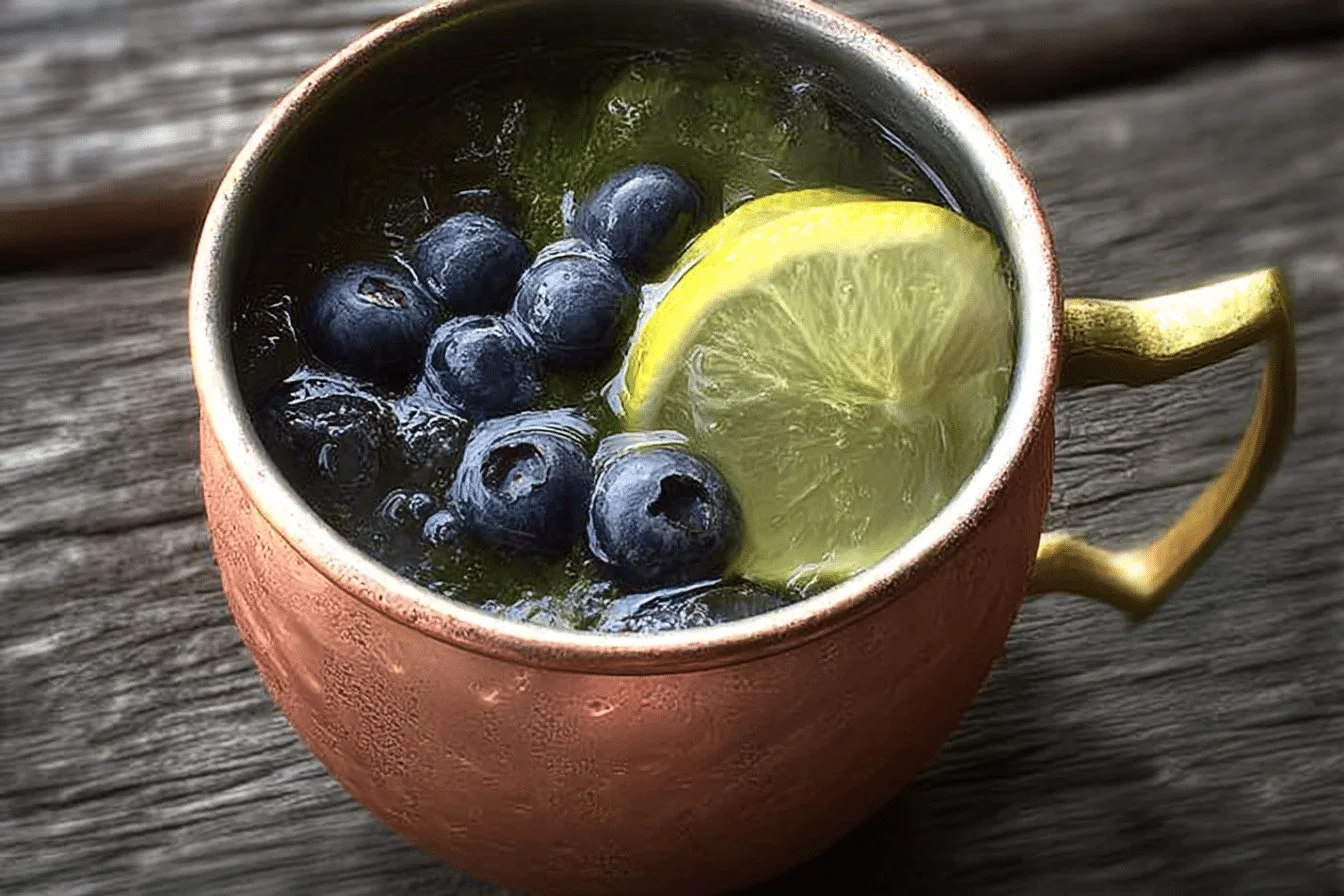 Easy Lemon Blueberry Moscow Mule cocktail served in a copper mug