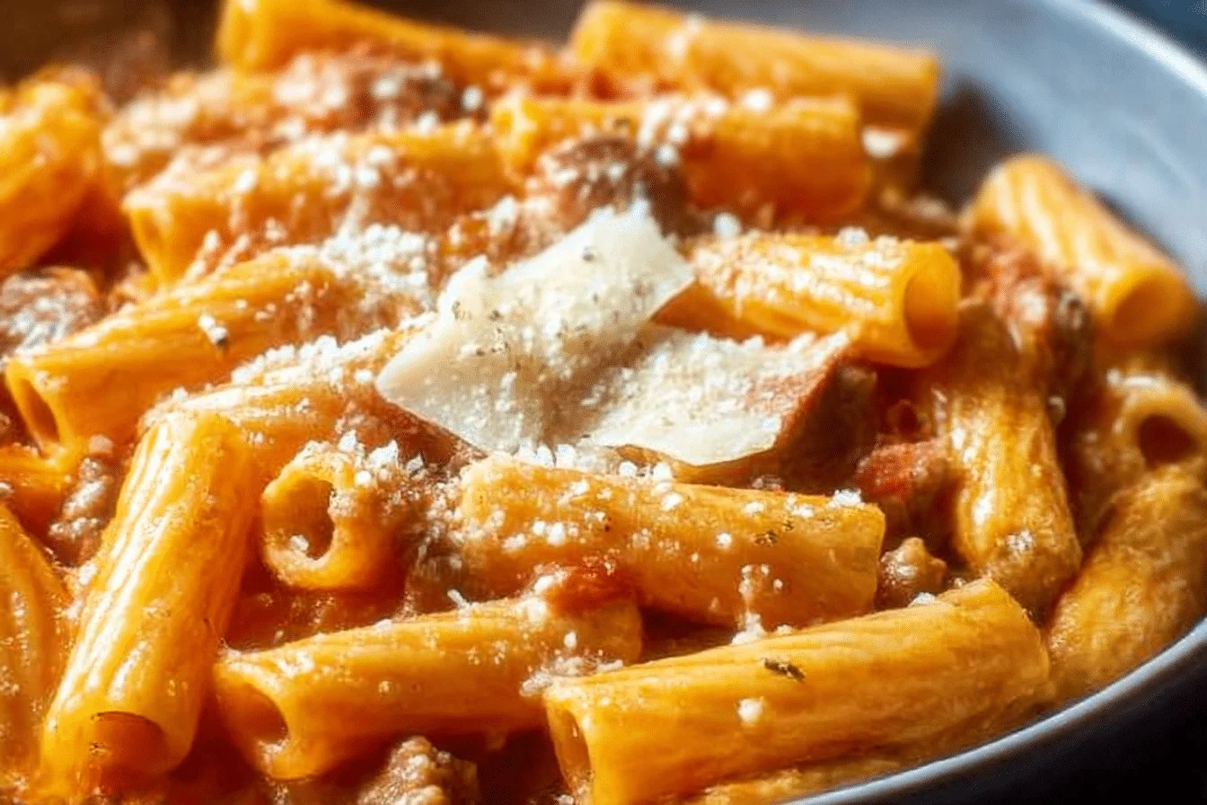 Delicious Easy Pizza Pasta dish served in a bowl with cheese and toppings.