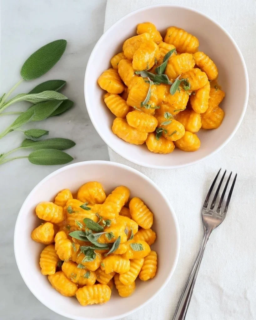 Plate of easy pumpkin gnocchi topped with sage butter sauce.