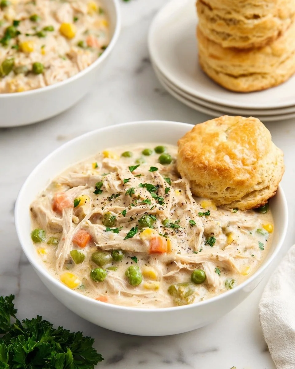 Easy slow cooker chicken pot pie recipe with chicken and vegetables