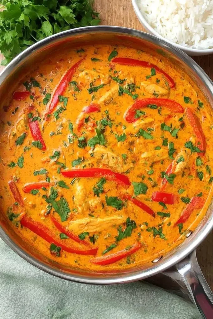 Bowl of Easy Thai Red Curry Chicken garnished with fresh herbs