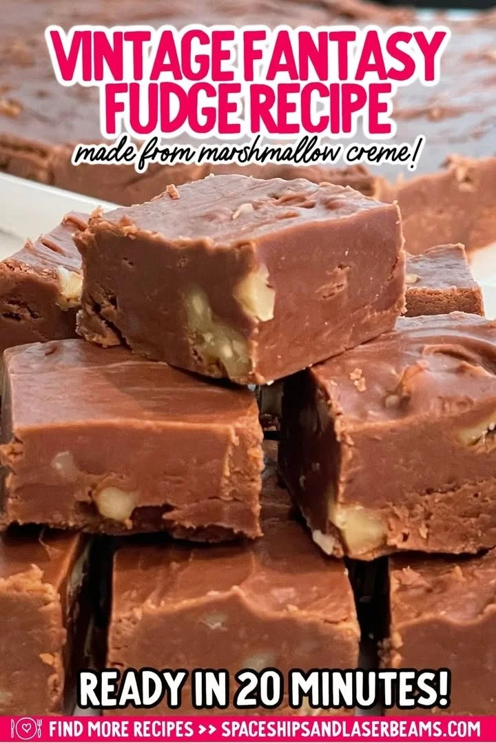 Delicious homemade Fantasy Fudge on a wooden table with chocolate and walnuts