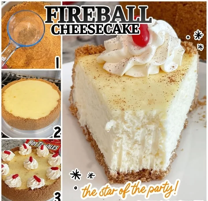 Slice of Fireball Cheesecake topped with cinnamon and whipped cream