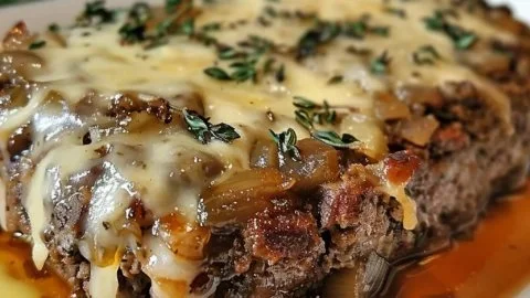 Delicious French onion meatloaf served with a side of mashed potatoes