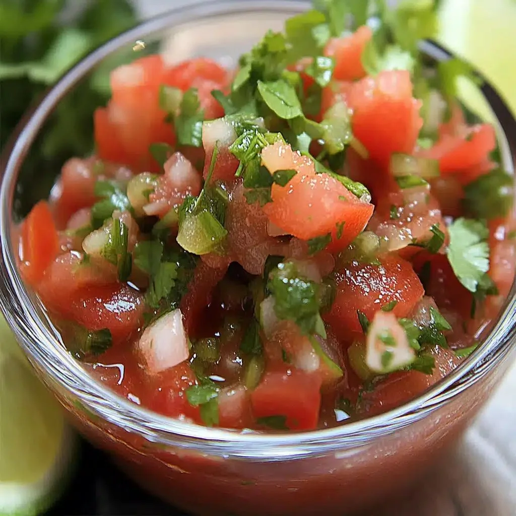 Bowl of fresh salsa with cilantro and lime ingredients garnished with chips