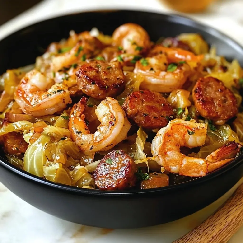 Delicious fried cabbage with shrimp and sausage in a colorful plate