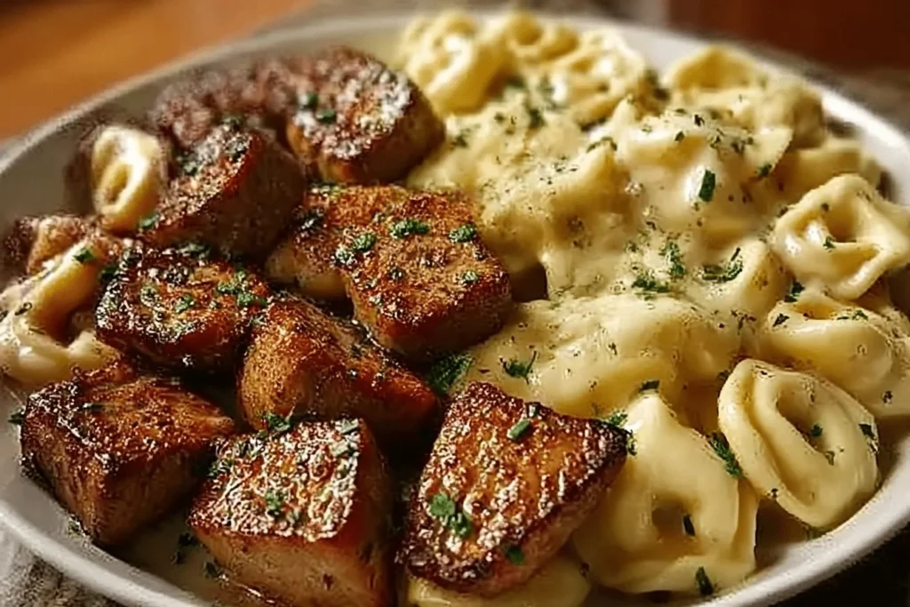 Garlic Butter Chicken Bites served with creamy Alfredo Tortellini on a plate