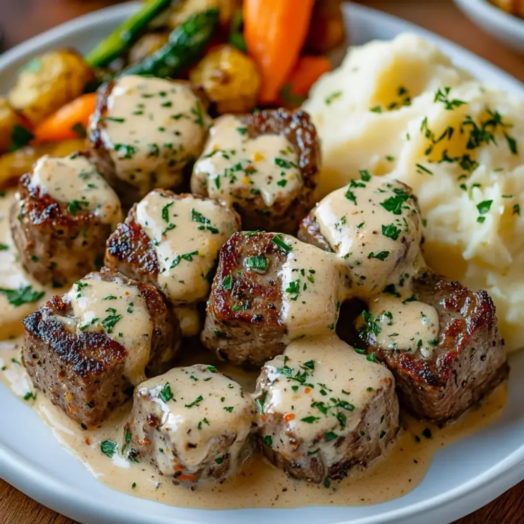 Delicious Garlic Butter Steak Bites served in a rich Parmesan Cream Sauce
