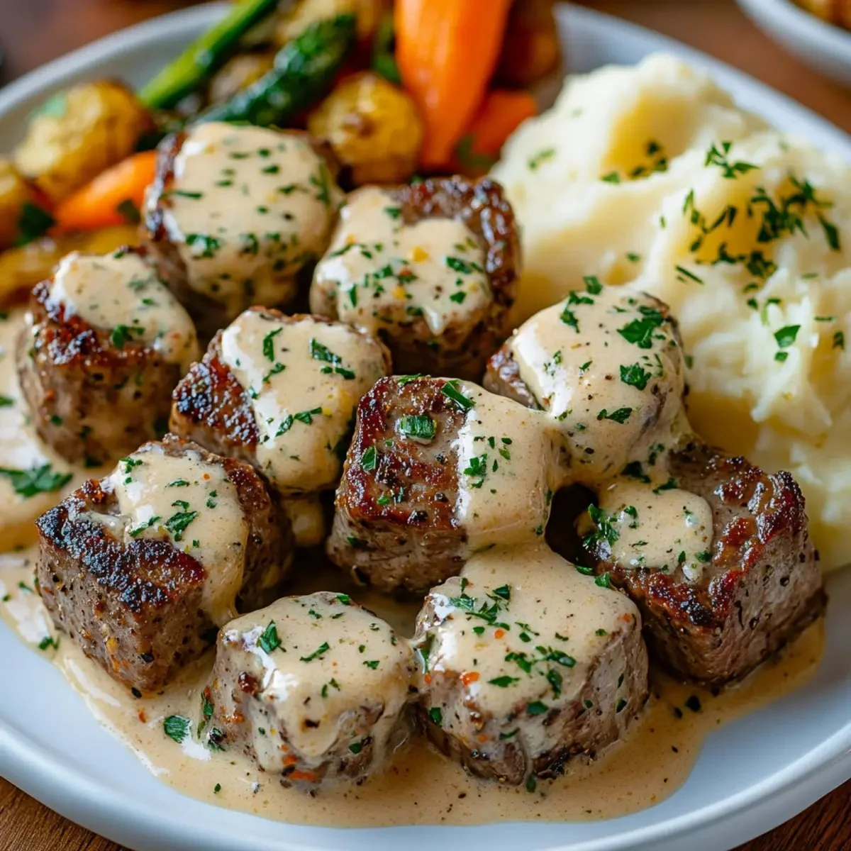Delicious Garlic Butter Steak Bites served in a rich Parmesan Cream Sauce