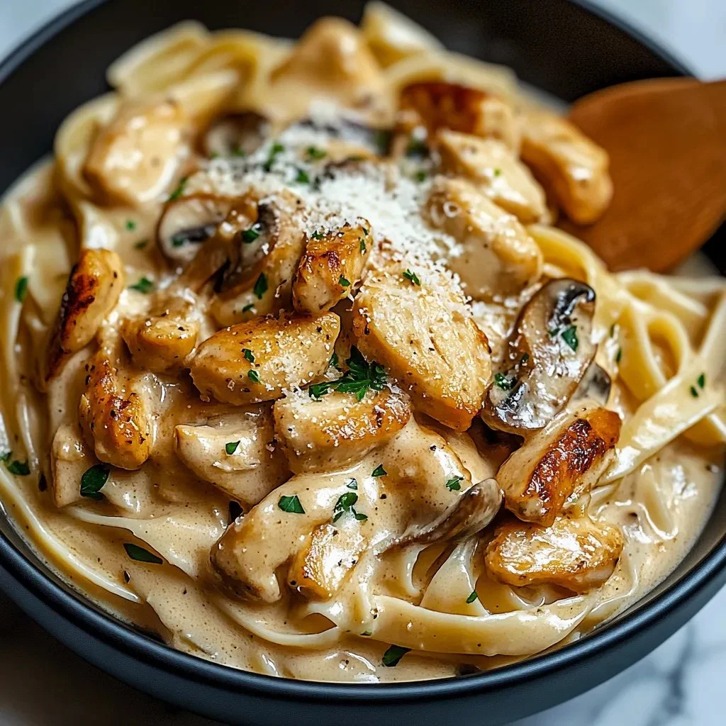 Delicious garlic chicken and mushroom pasta served in a bowl