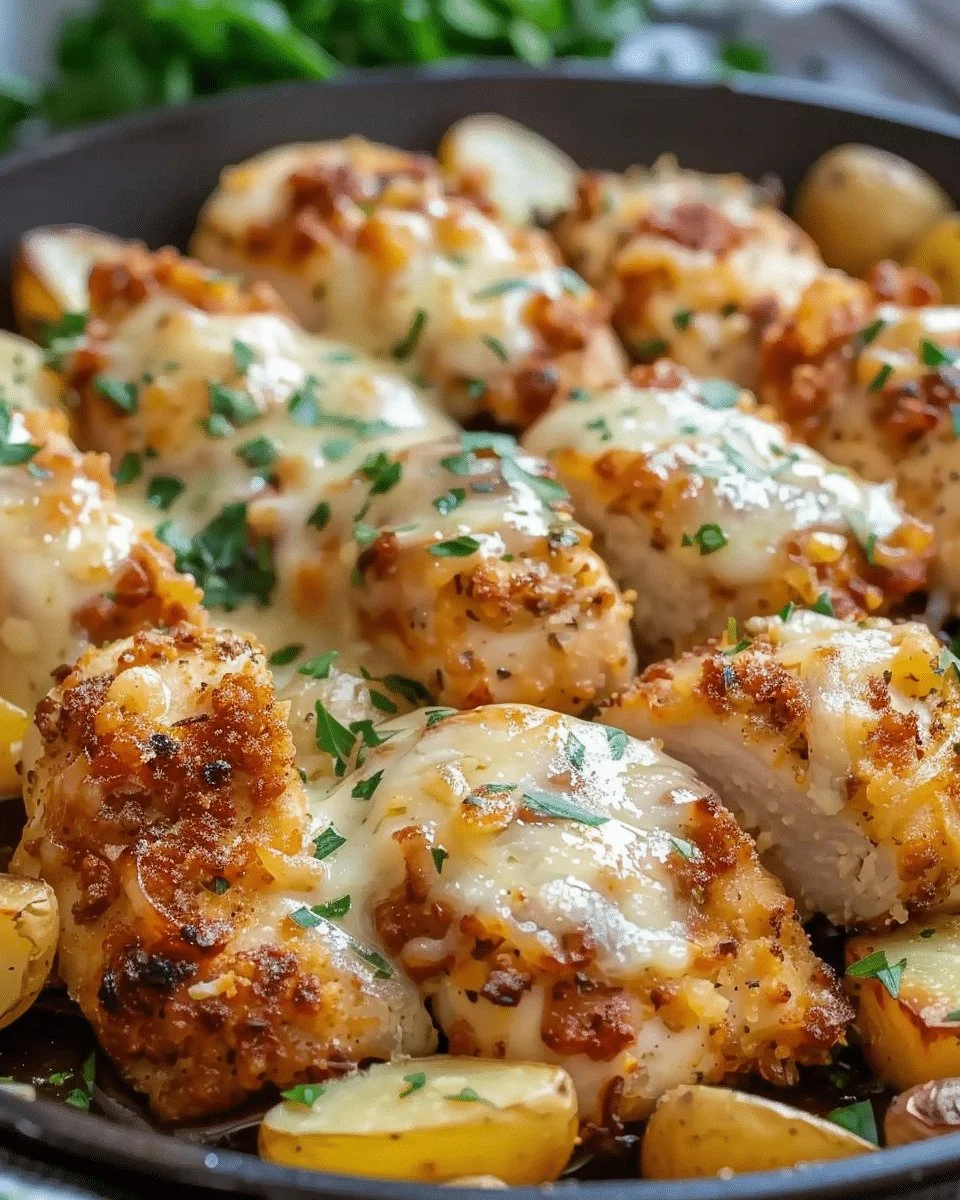 Garlic Parmesan Chicken with roasted potatoes, a savory and flavorful dish.