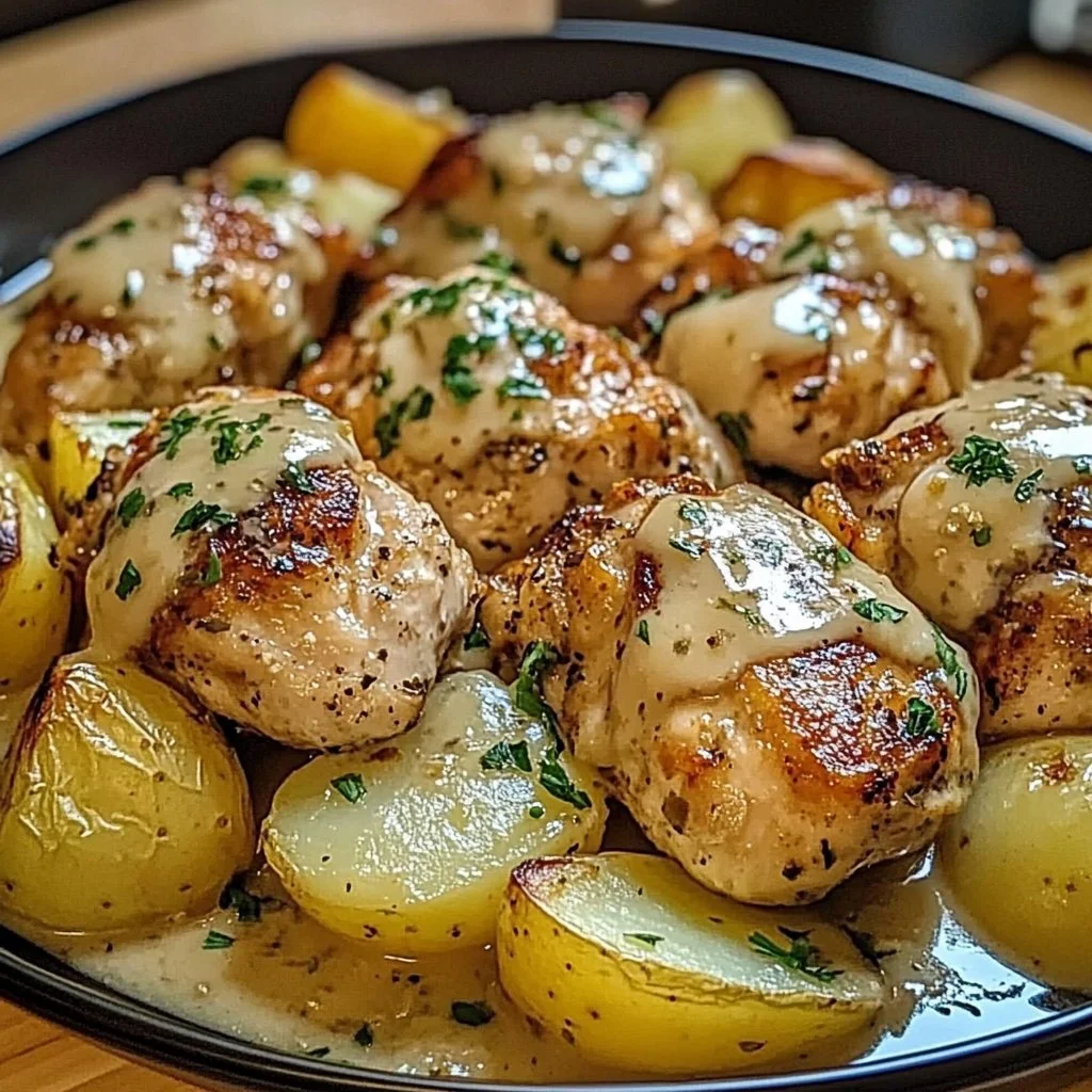 Garlic Parmesan Chicken served with crispy potatoes on a white plate