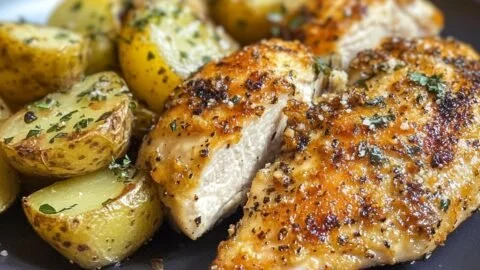 Delicious Garlic Parmesan Chicken served with crispy potatoes