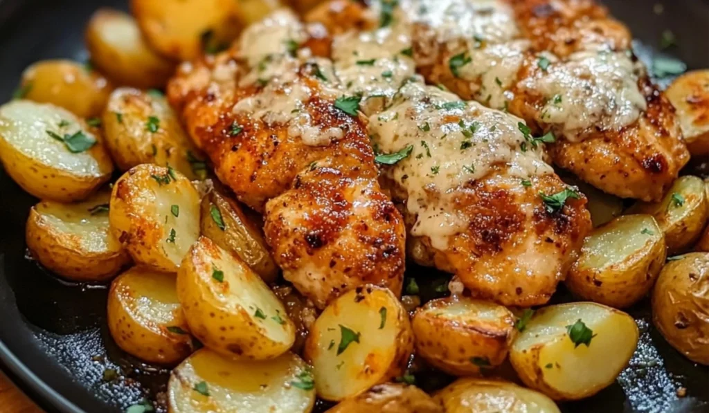Delicious Garlic Parmesan Chicken served with roasted potatoes
