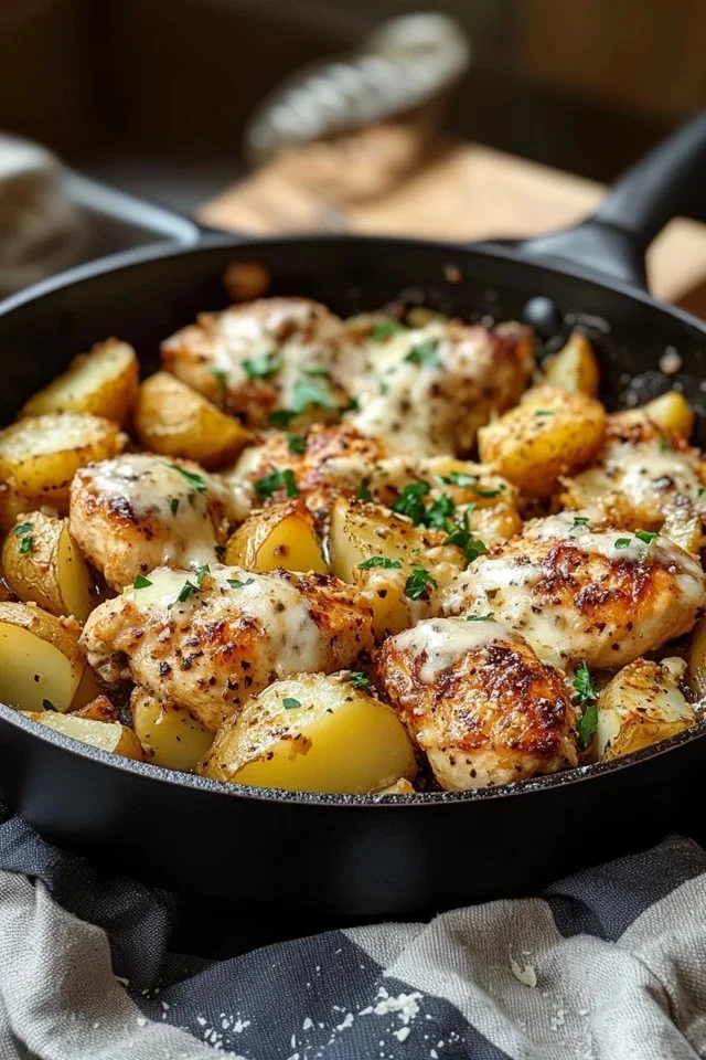 Garlic Parmesan Chicken and Potatoes Skillet ready to serve on a plate