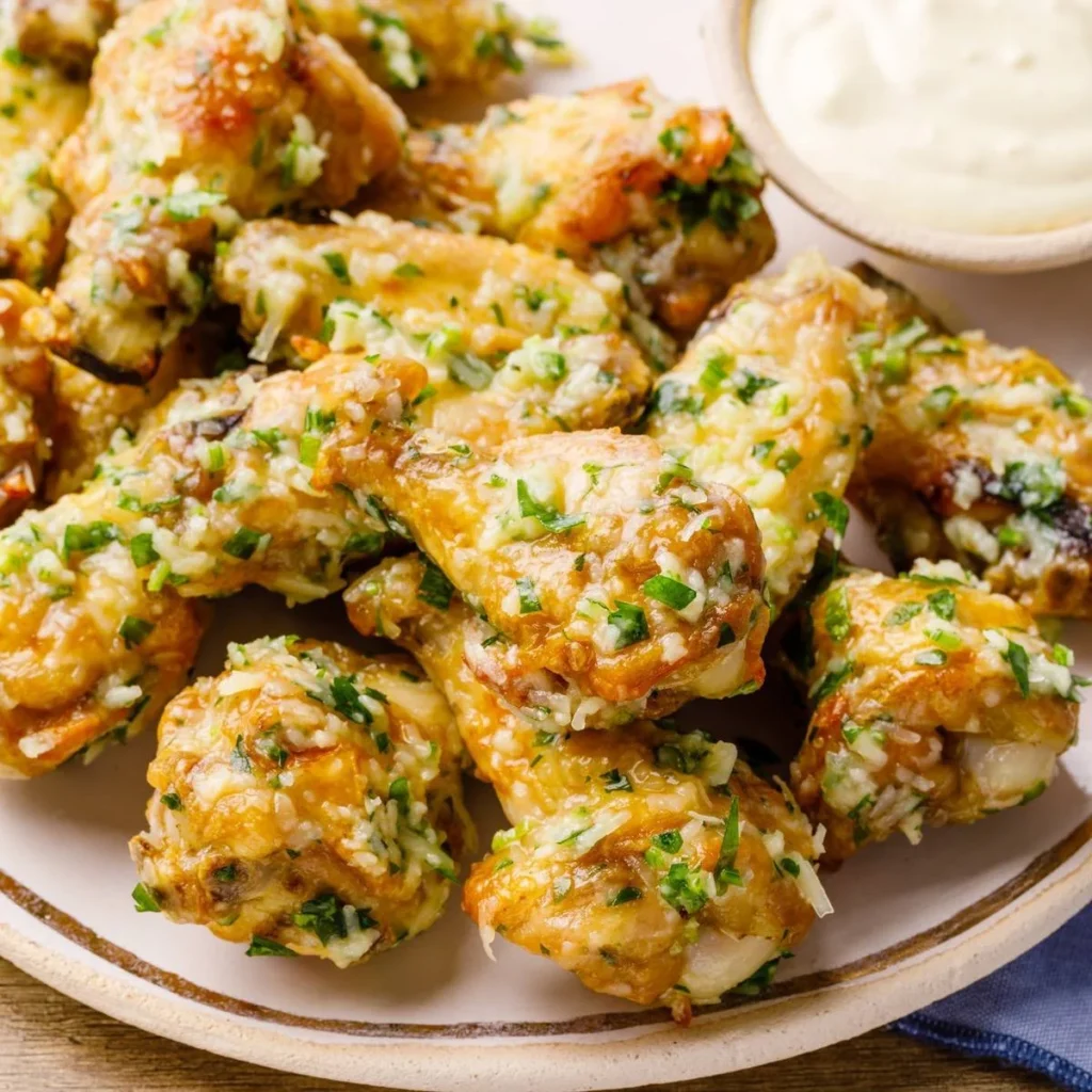 Delicious Garlic Parmesan Wing Sauce drizzled over crispy chicken wings