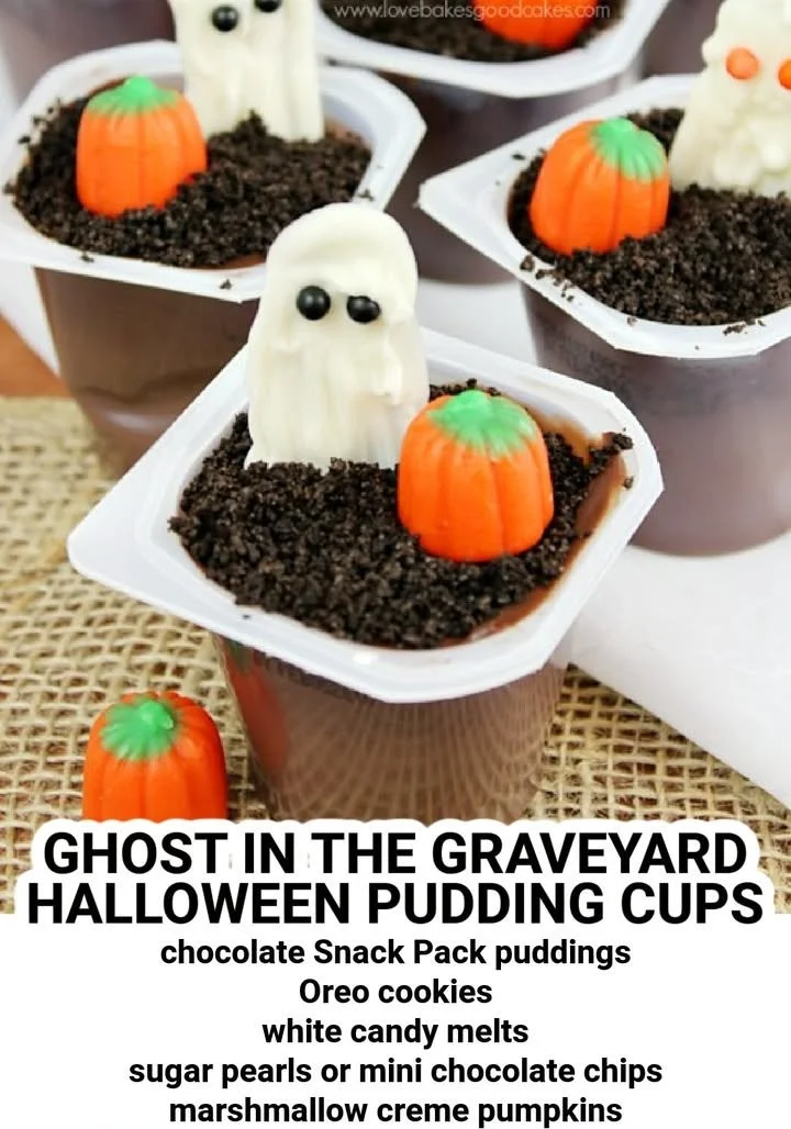 Ghost in the Graveyard Halloween pudding cups adorned with spooky decorations