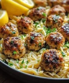 Greek chicken meatballs with lemon orzo served on a plate